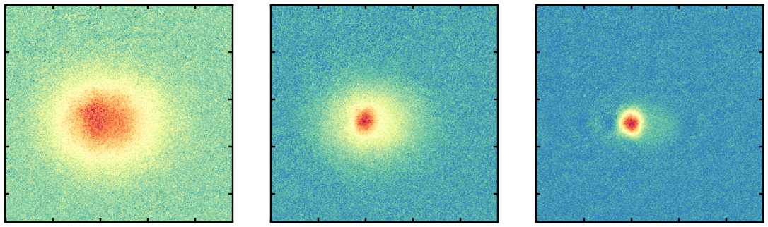 Transition from a thermal gas (left) to a Bose-Einstein condensate (right). Transition from a thermal gas (left) to a Bose-Einstein condensate (right).