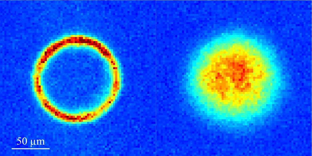 Na atoms (left) and NaK molecules (right) trapped by the 866-nm ring beam which forms the horizontal wall of the 3D box trap.